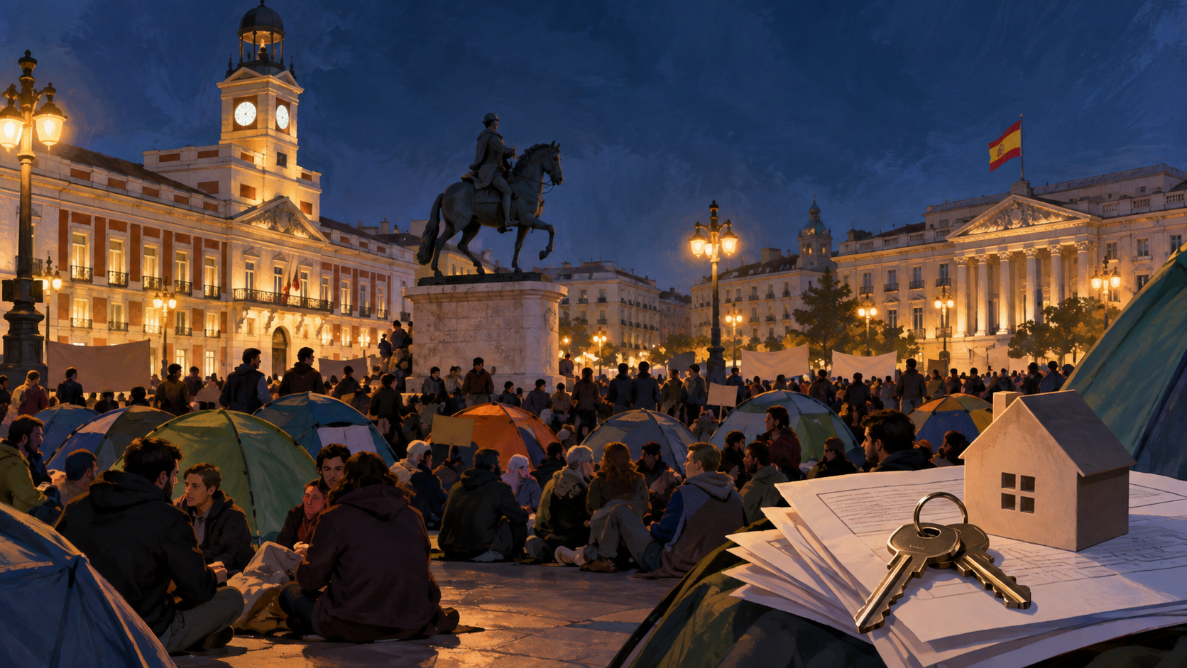 Ilustración editorial generada por IA de una acampada ciudadana por la vivienda en una plaza de Madrid.