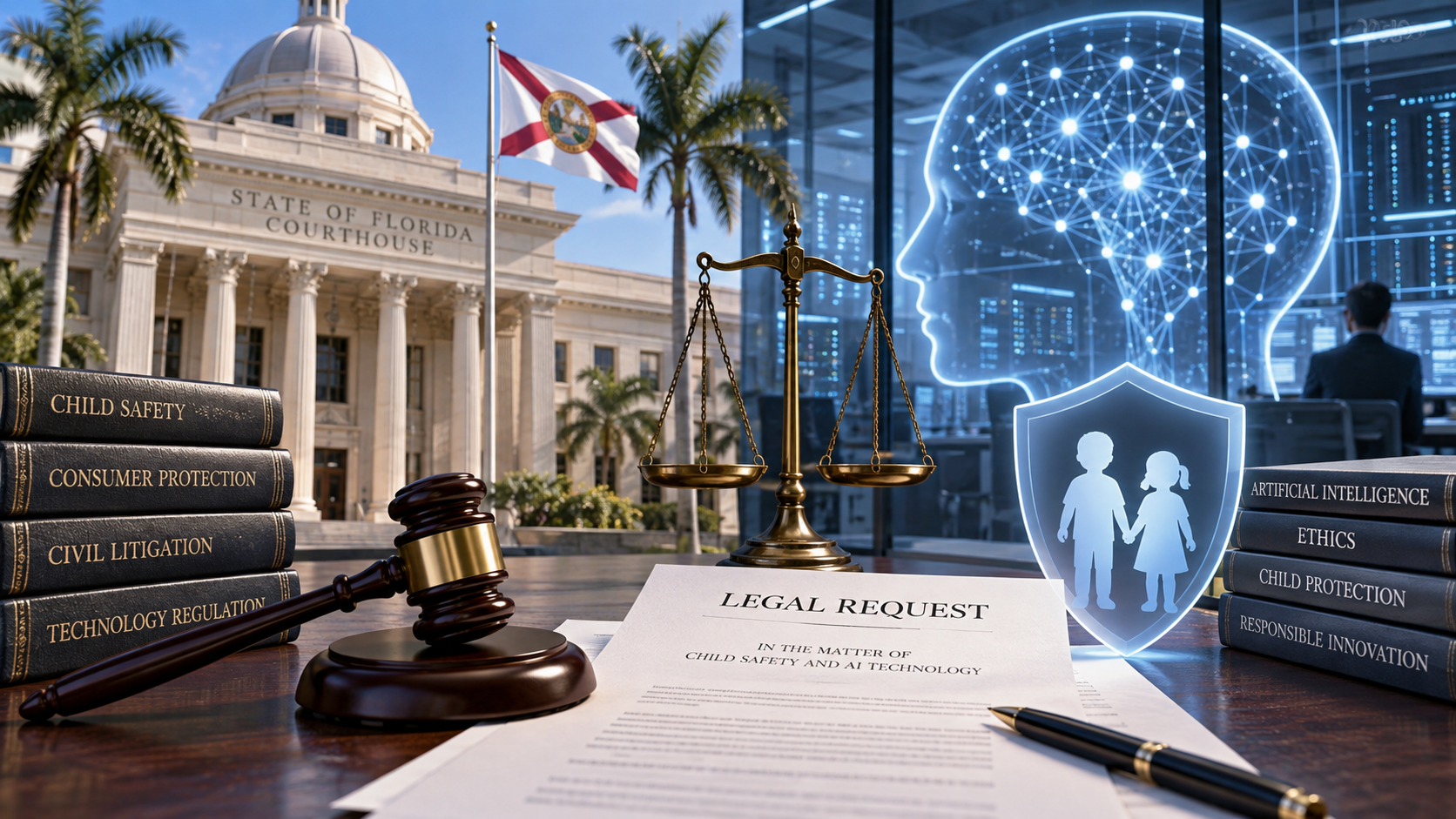 Ilustración editorial generada por IA sobre un litigio en Florida relativo a inteligencia artificial y protección de menores.