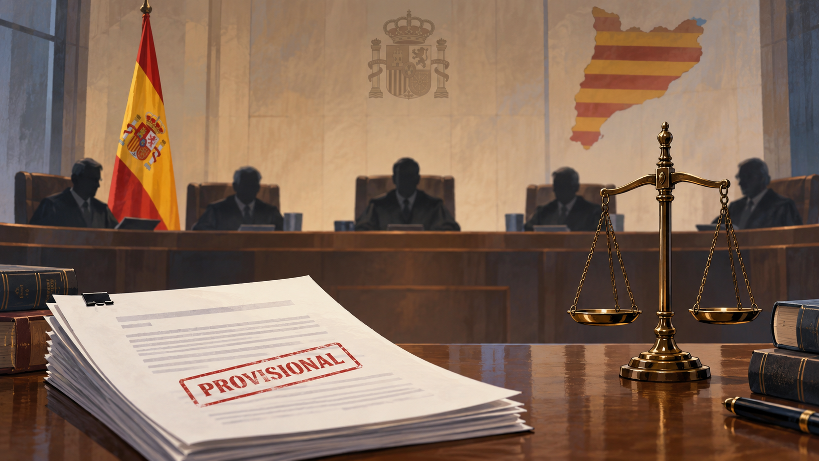 Ilustración editorial generada por IA sobre una deliberación judicial en España y un borrador relativo a la ley de amnistía.