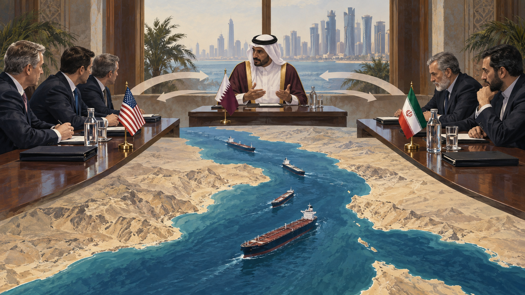 Ilustración editorial generada por IA sobre mediación de Catar entre Estados Unidos e Irán y el estrecho de Ormuz.