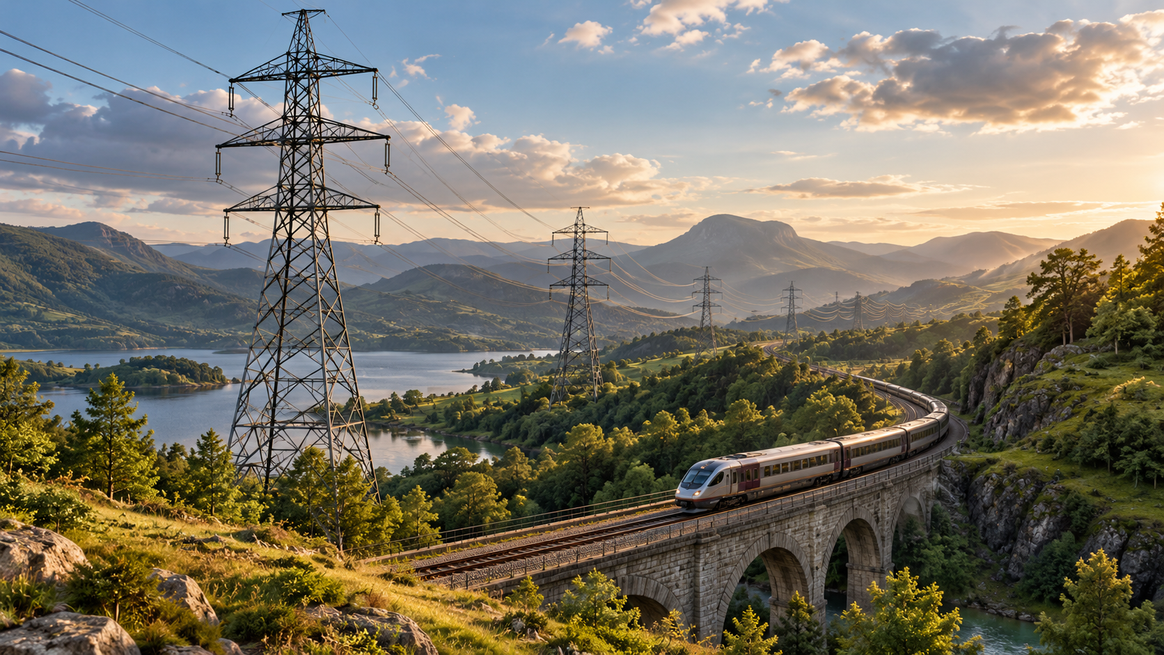 Ilustración generada por IA de una línea eléctrica y un ferrocarril en un paisaje ficticio; no representa una obra aprobada.