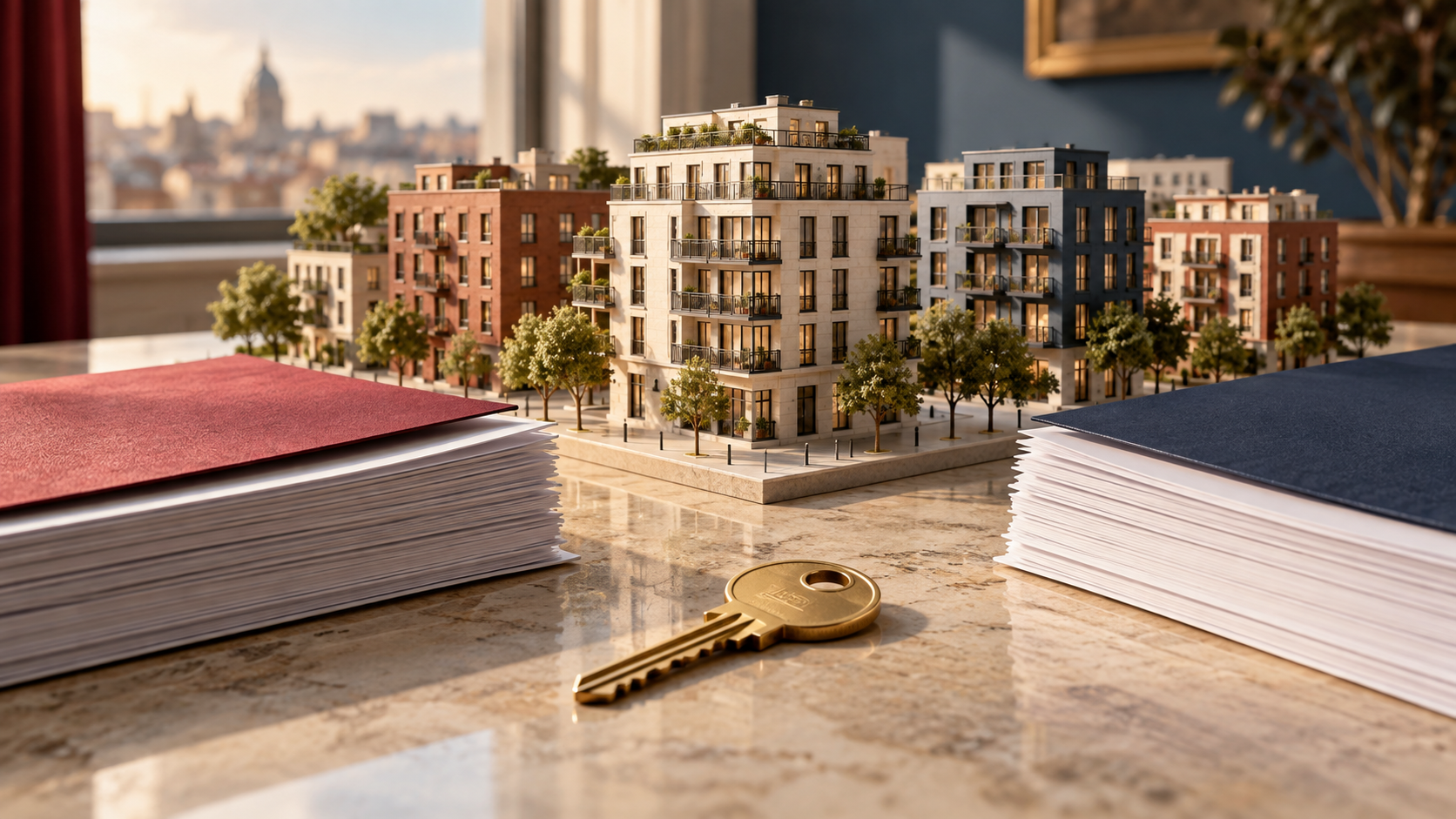 Ilustración generada por IA: maqueta residencial, llave y documentos ficticios; no muestra edificios ni expedientes de estos decretos.