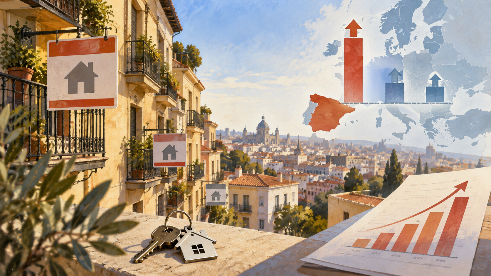 Ilustración editorial sobre el encarecimiento de la vivienda en España frente a la media europea.