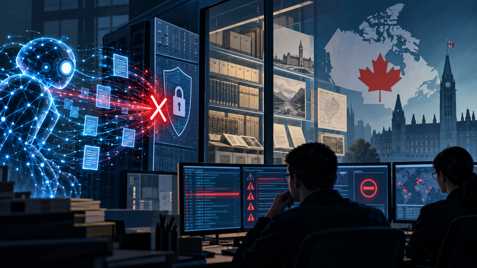 Ilustración editorial generada por IA sobre una firma de investigación detecta intentos de agentes de ia contra un sitio del gobierno canadiense; escena conceptual, no fotografía del hecho.