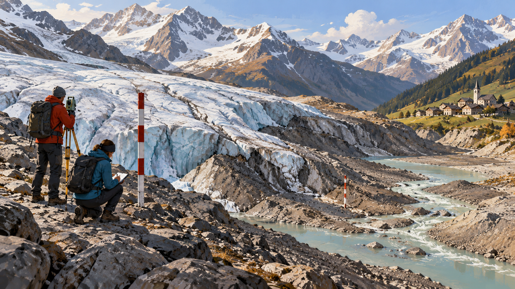Ilustración editorial generada por IA sobre los glaciares suizos pierden más del 5 % de su hielo en 2026; escena conceptual, no fotografía del hecho.