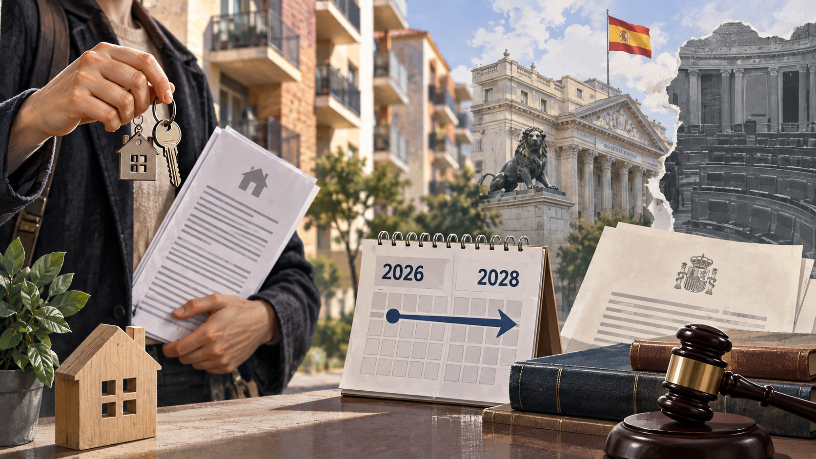 Ilustración editorial sobre contratos de alquiler, vivienda y la prórroga extraordinaria aprobada en España.