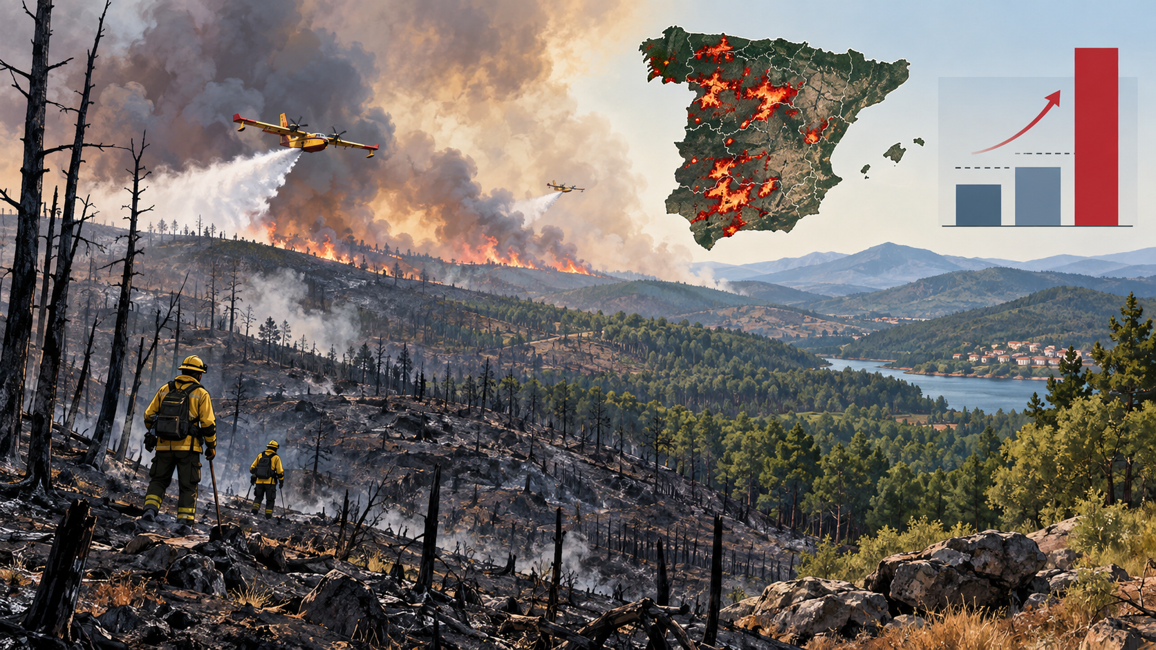 Ilustración editorial sobre incendios forestales y superficie quemada en España.