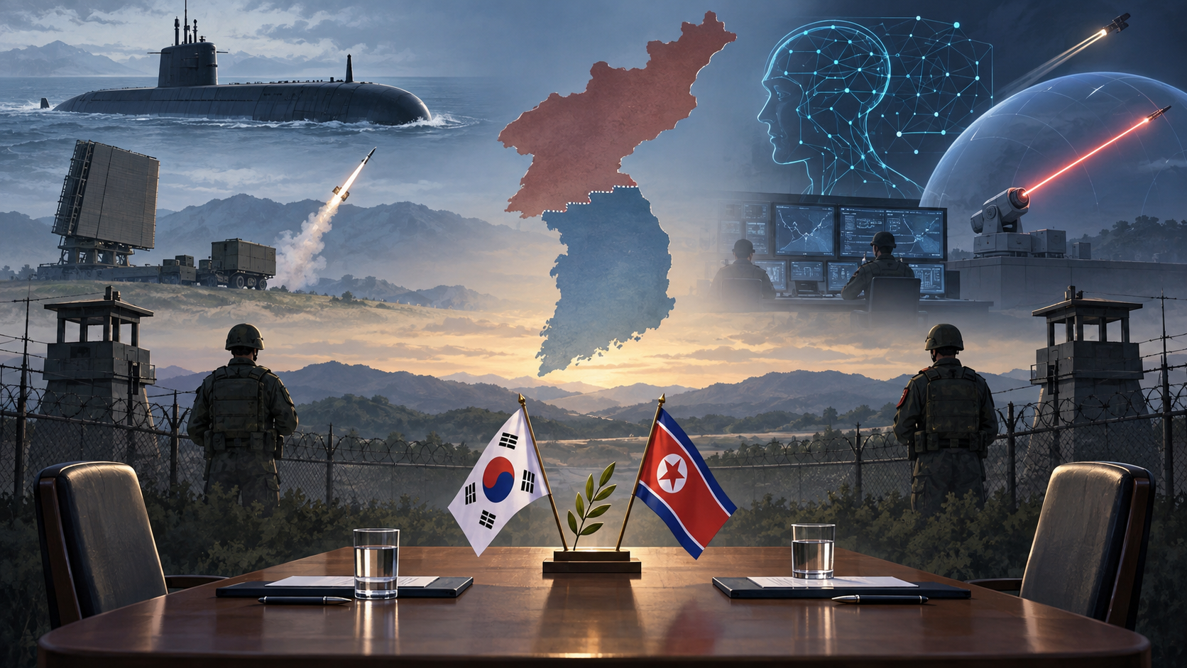 Ilustración editorial generada por IA sobre lee pide reabrir el diálogo con corea del norte y anuncia una agenda de refuerzo militar; escena conceptual, no fotografía del hecho.