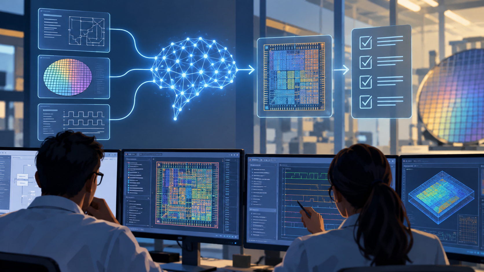 Ilustración editorial generada por IA sobre synopsys y openai acuerdan desarrollar un modelo de ia para tareas de diseño de chips; escena conceptual, no fotografía del hecho.